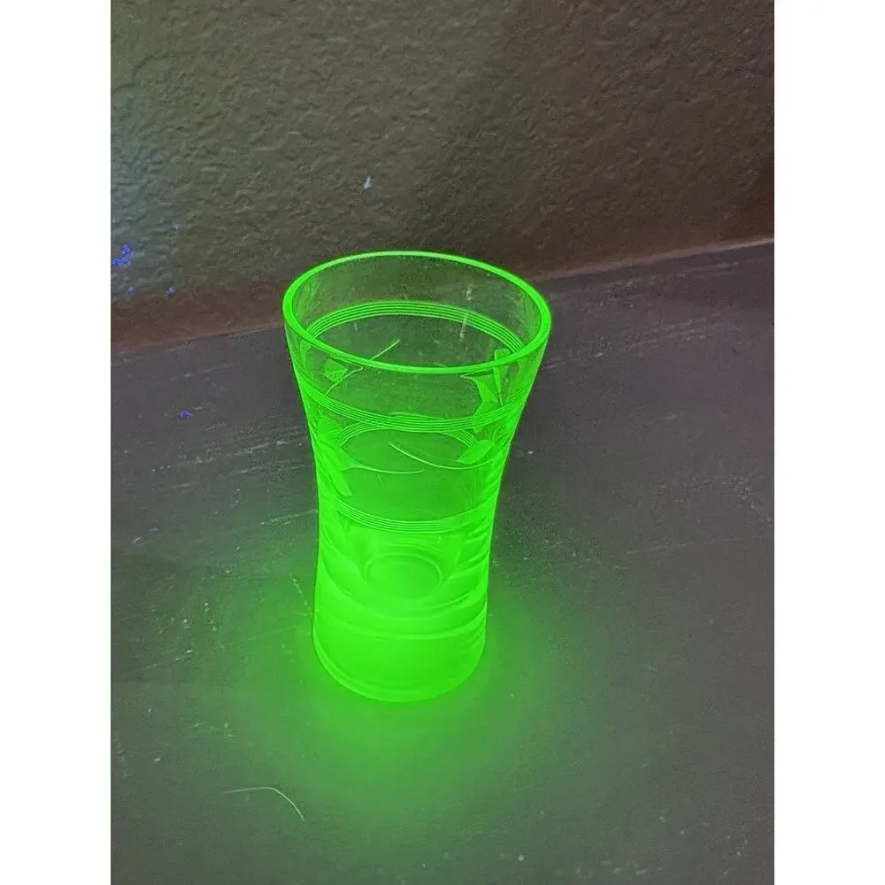 Vintage Uranium Glass Shot Glass Art Deco Etched Green Vaseline Glass 1930s